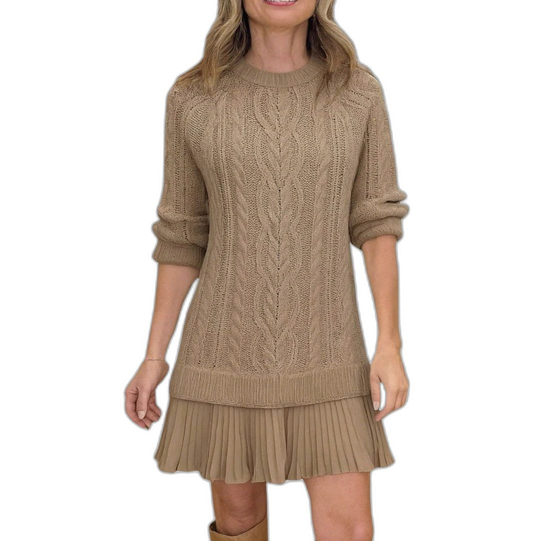 Effortless Cream Cable Knit Mini Dress for Women with Crew Neck Long Sleeve Tiered Casual Style