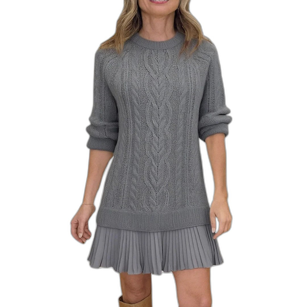 Effortless Cream Cable Knit Mini Dress for Women with Crew Neck Long Sleeve Tiered Casual Style