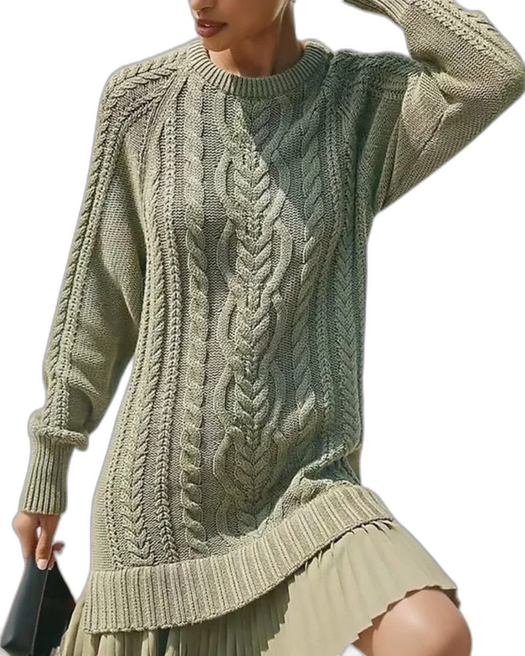 Effortless Cream Cable Knit Mini Dress for Women with Crew Neck Long Sleeve Tiered Casual Style