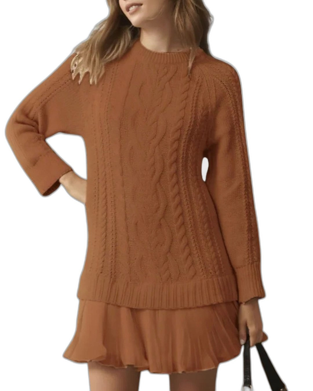 Effortless Cream Cable Knit Mini Dress for Women with Crew Neck Long Sleeve Tiered Casual Style