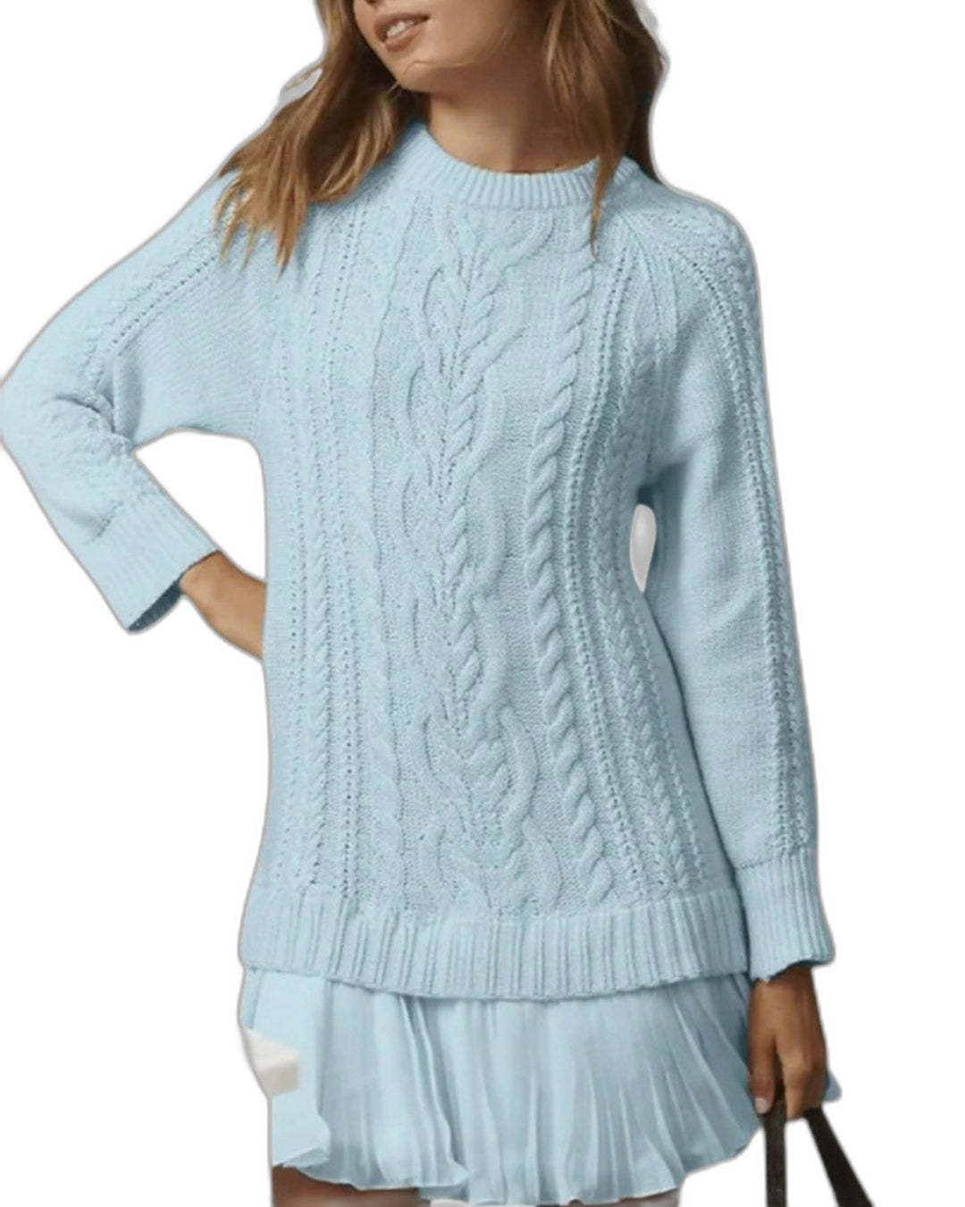 Effortless Cream Cable Knit Mini Dress for Women with Crew Neck Long Sleeve Tiered Casual Style