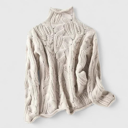 Effortless Cream Cable Knit Sweater for Women with Turtleneck Long Sleeve Casual Style