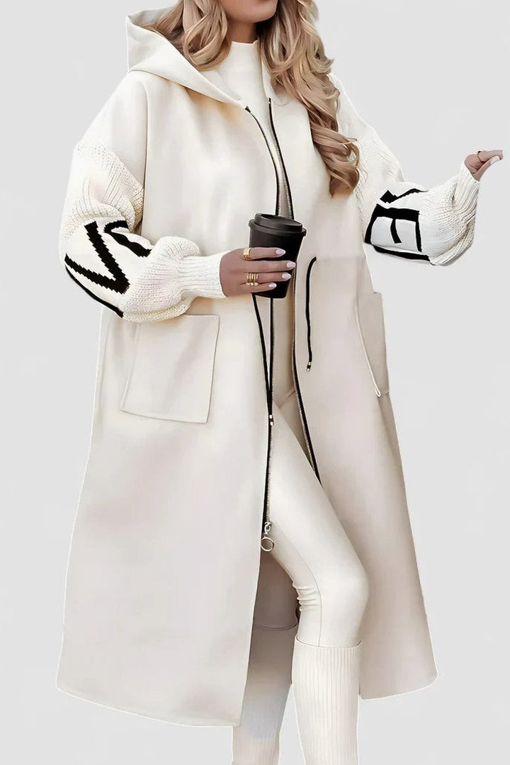 Effortless Cream Coat for Women with High Neck Long Sleeve Pockets Hooded Casual Style