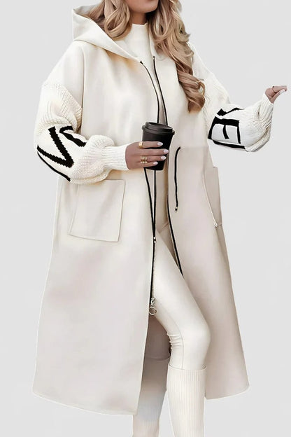 Effortless Cream Coat for Women with High Neck Long Sleeve Pockets Hooded Casual Style