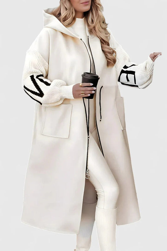 Effortless Cream Coat for Women with High Neck Long Sleeve Pockets Hooded Casual Style