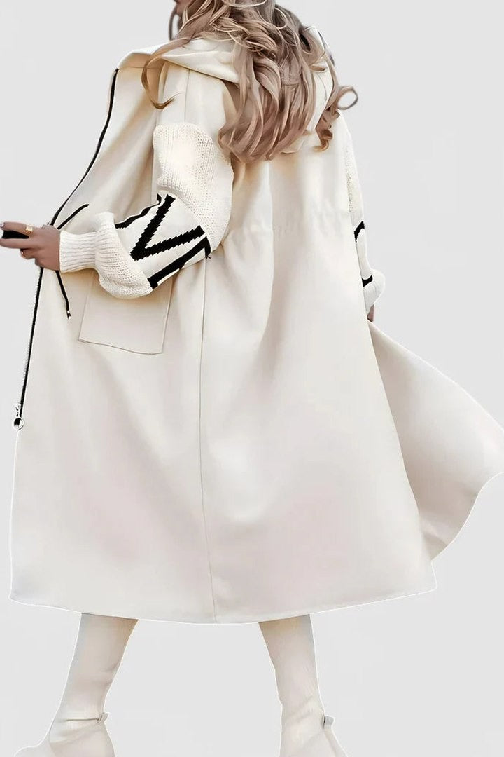 Effortless Cream Coat for Women with High Neck Long Sleeve Pockets Hooded Casual Style