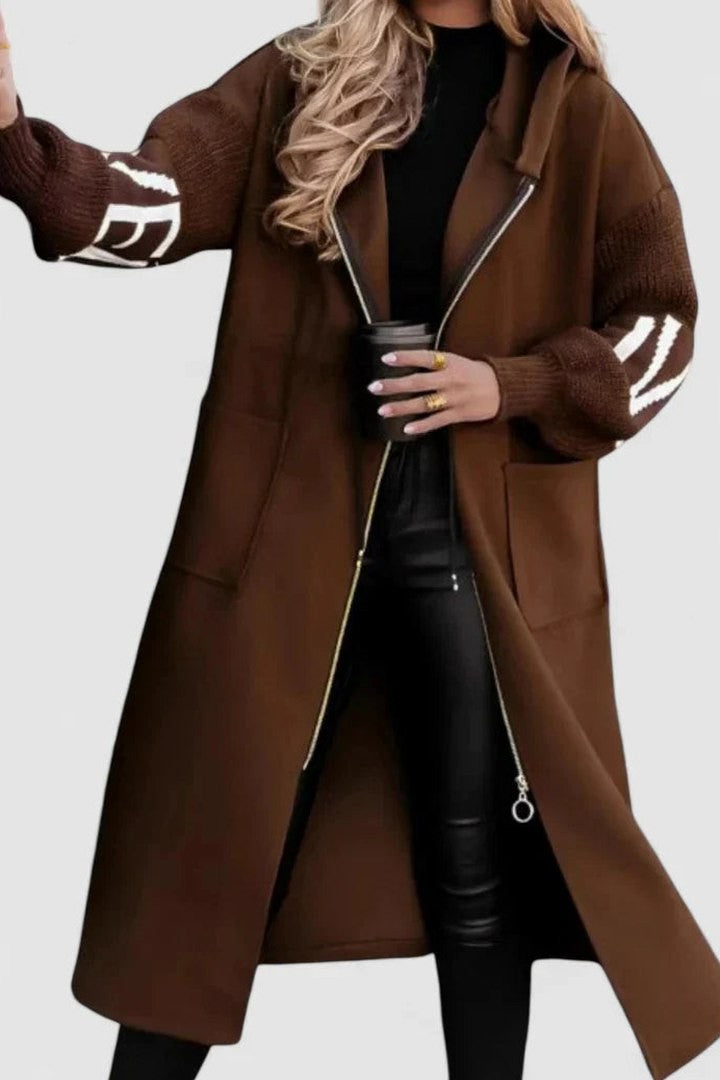 Effortless Cream Coat for Women with High Neck Long Sleeve Pockets Hooded Casual Style