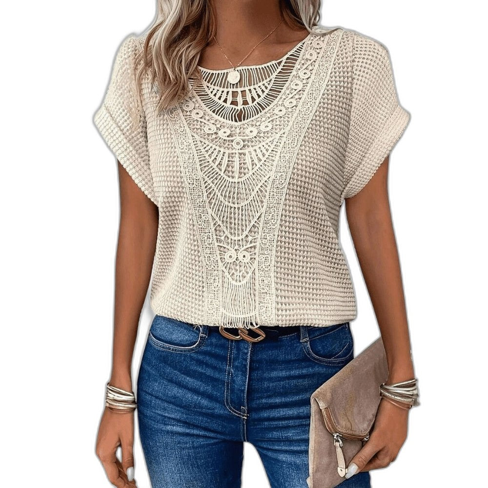 Effortless Cream Crochet Blouse for Women with Crew Neck Short Sleeve Oversized Casual Style