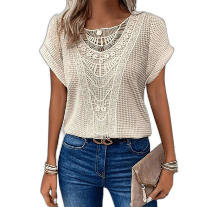 Effortless Cream Crochet Blouse for Women with Crew Neck Short Sleeve Oversized Casual Style