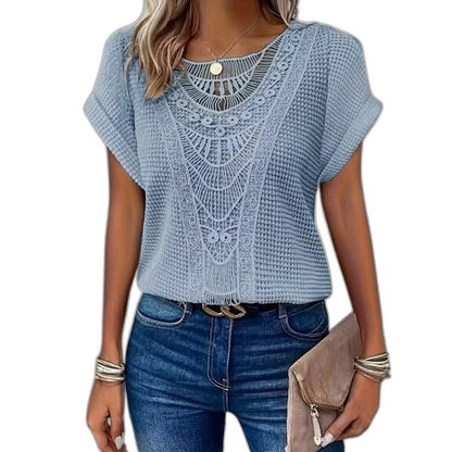 Effortless Cream Crochet Blouse for Women with Crew Neck Short Sleeve Oversized Casual Style