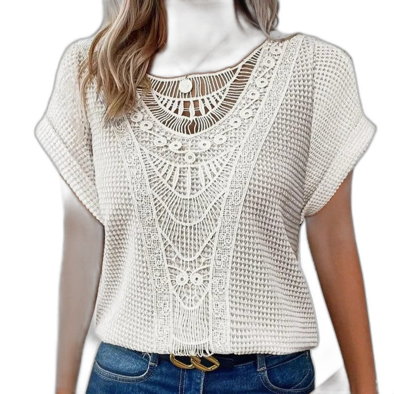 Effortless Cream Crochet Blouse for Women with Crew Neck Short Sleeve Oversized Casual Style