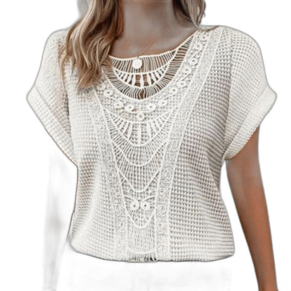 Effortless Cream Crochet Blouse for Women with Crew Neck Short Sleeve Oversized Casual Style