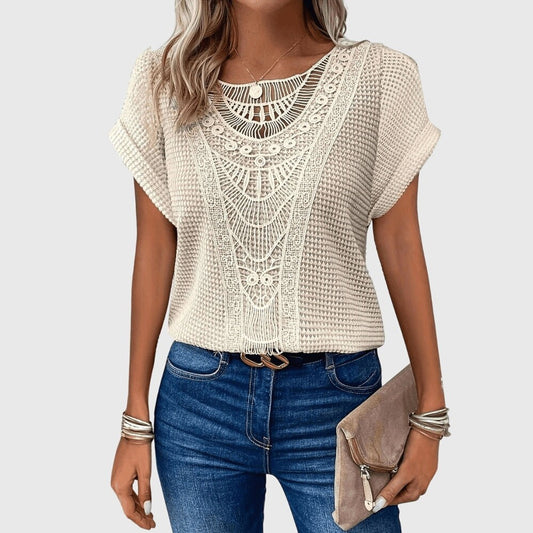 Effortless Cream Crochet Blouse for Women with Crew Neck Short Sleeve Oversized Casual Style
