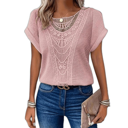 Effortless Cream Crochet Blouse for Women with Crew Neck Short Sleeve Oversized Casual Style