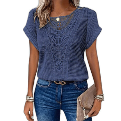 Effortless Cream Crochet Blouse for Women with Crew Neck Short Sleeve Oversized Casual Style