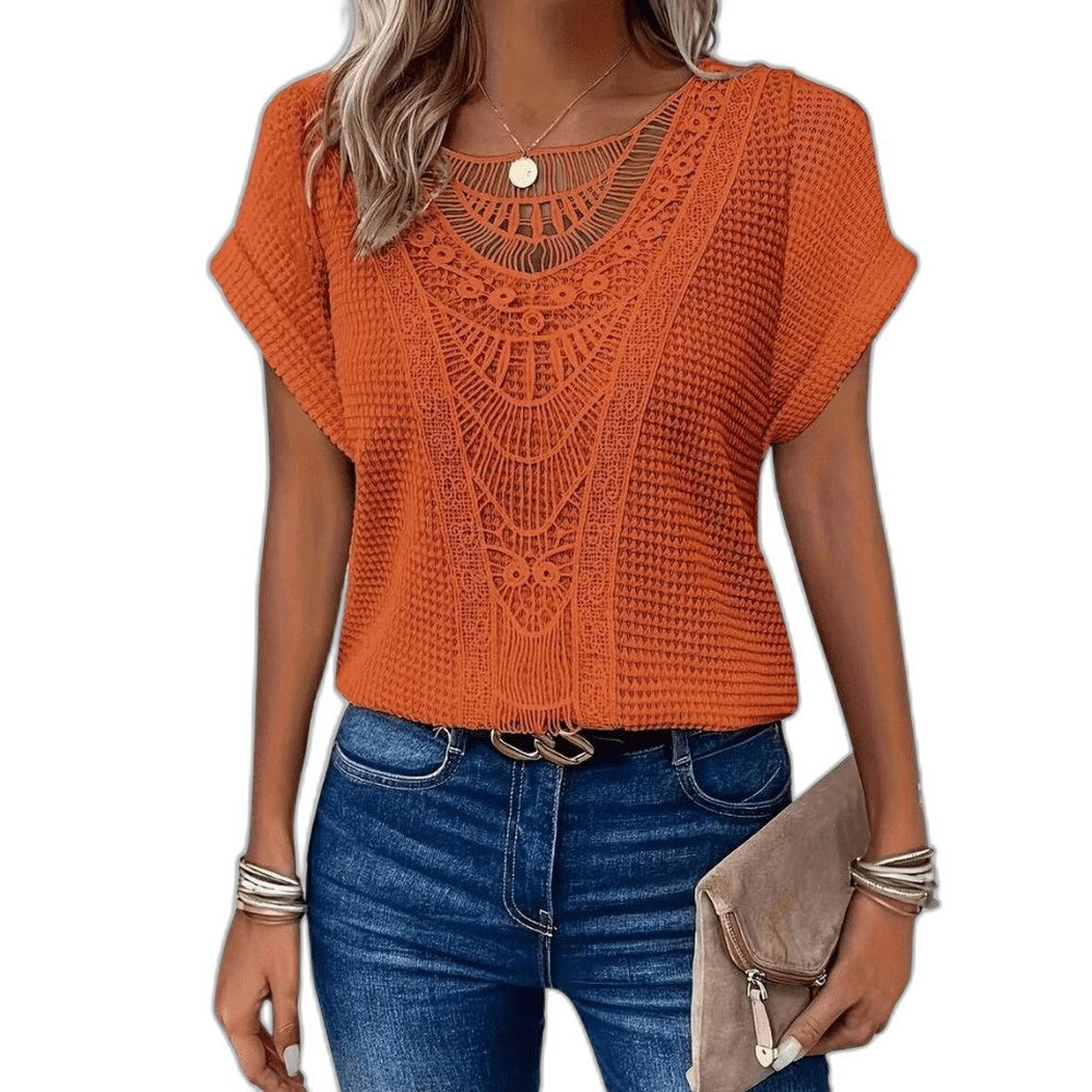 Effortless Cream Crochet Blouse for Women with Crew Neck Short Sleeve Oversized Casual Style