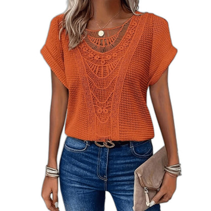 Effortless Cream Crochet Blouse for Women with Crew Neck Short Sleeve Oversized Casual Style