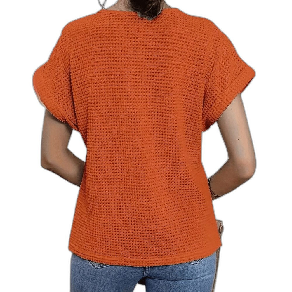 Effortless Cream Crochet Blouse for Women with Crew Neck Short Sleeve Oversized Casual Style