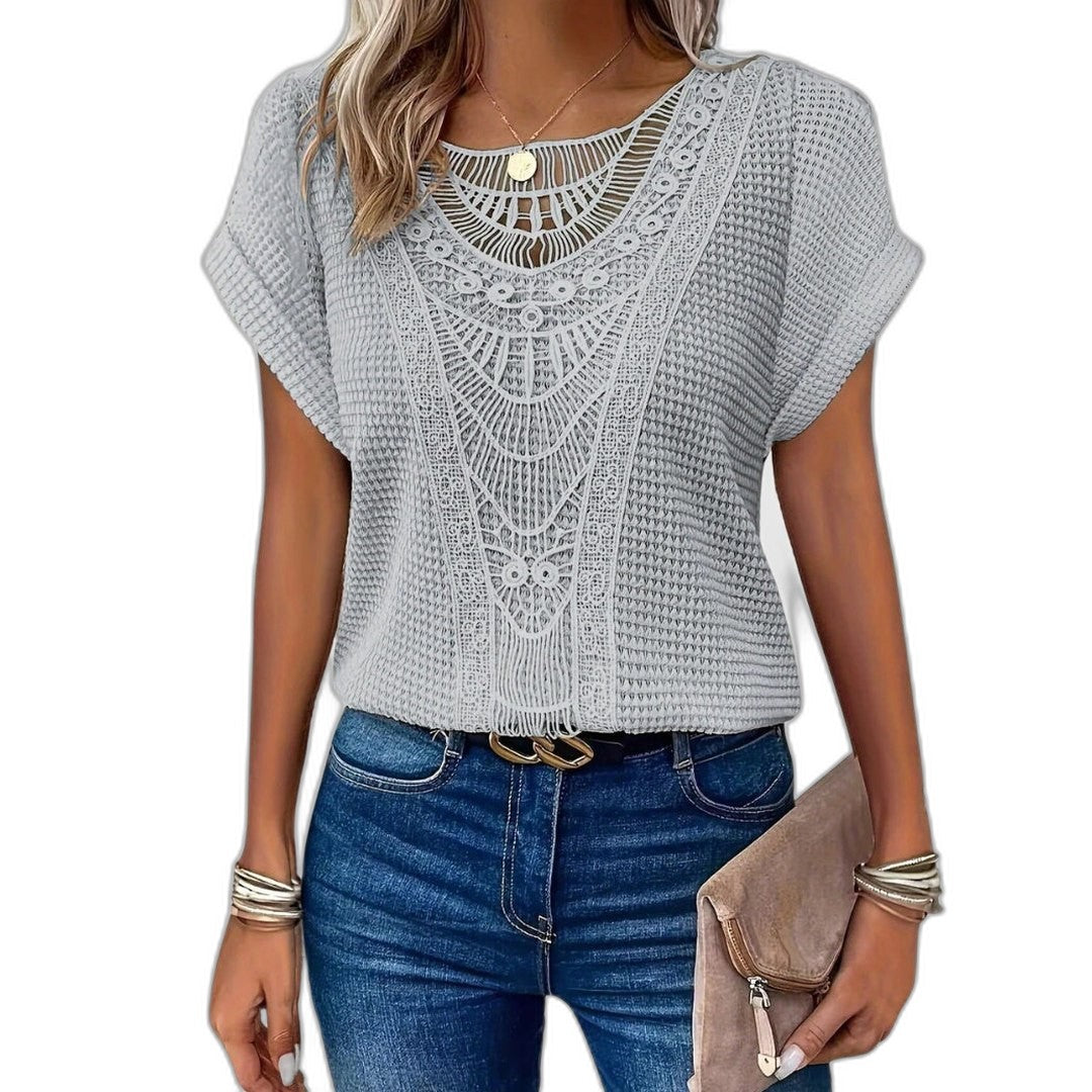 Effortless Cream Crochet Blouse for Women with Crew Neck Short Sleeve Oversized Casual Style