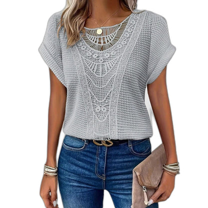 Effortless Cream Crochet Blouse for Women with Crew Neck Short Sleeve Oversized Casual Style