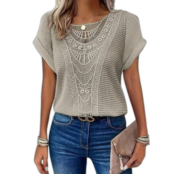 Effortless Cream Crochet Blouse for Women with Crew Neck Short Sleeve Oversized Casual Style