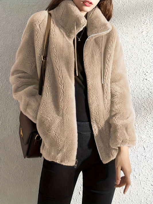Effortless Cream Jacket for Women with Collared Long Sleeve Casual Style