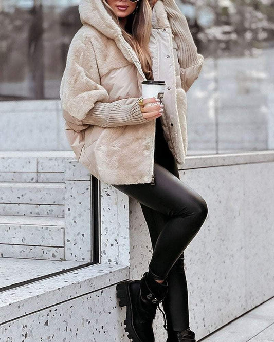 Effortless Cream Jacket for Women with High Neck Long Sleeve Oversized Fur Lined Casual Style