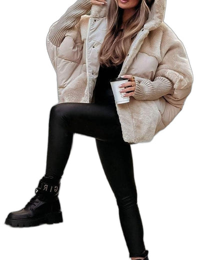 Effortless Cream Jacket for Women with High Neck Long Sleeve Oversized Fur Lined Casual Style