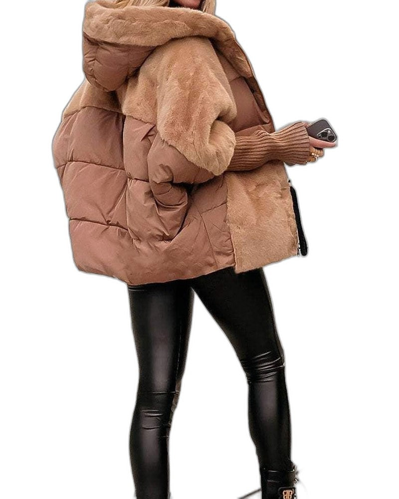 Effortless Cream Jacket for Women with High Neck Long Sleeve Oversized Fur Lined Casual Style