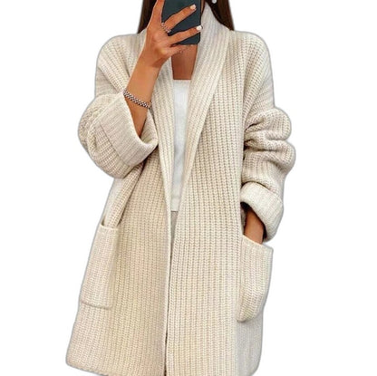 Effortless Cream Knit Cardigan for Women with Long Sleeve Oversized Pockets Casual Style