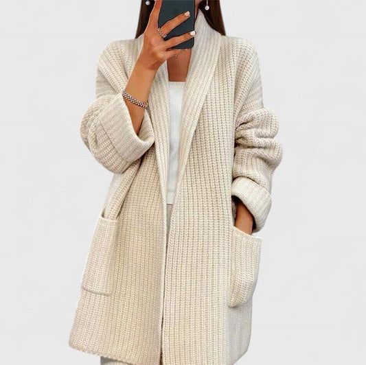 Effortless Cream Knit Cardigan for Women with Long Sleeve Oversized Pockets Casual Style