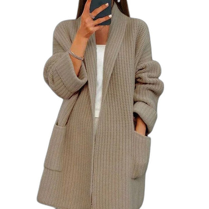 Effortless Cream Knit Cardigan for Women with Long Sleeve Oversized Pockets Casual Style
