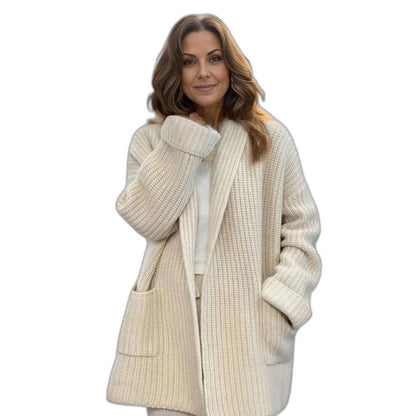 Effortless Cream Knit Cardigan for Women with Long Sleeve Oversized Pockets Casual Style