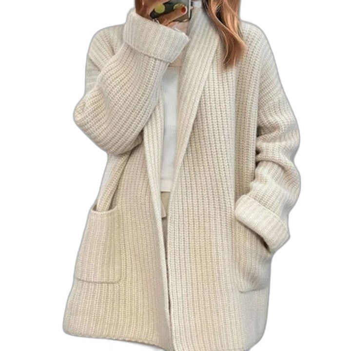 Effortless Cream Knit Cardigan for Women with Long Sleeve Oversized Pockets Casual Style