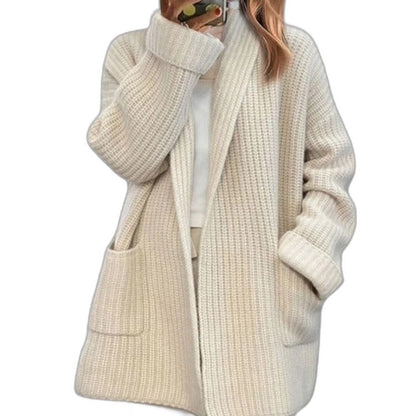 Effortless Cream Knit Cardigan for Women with Long Sleeve Oversized Pockets Casual Style