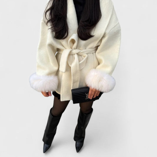 Effortless Cream Knit Cardigan Sweater for Women with Long Sleeve Belted Fur Lined Casual Style