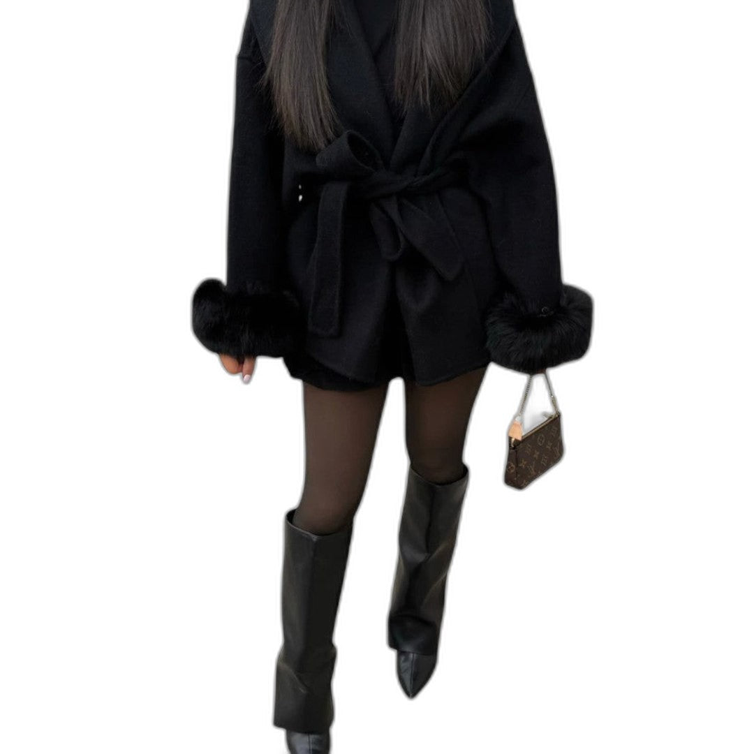 Effortless Cream Knit Cardigan Sweater for Women with Long Sleeve Belted Fur Lined Casual Style