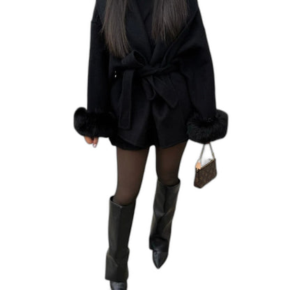Effortless Cream Knit Cardigan Sweater for Women with Long Sleeve Belted Fur Lined Casual Style
