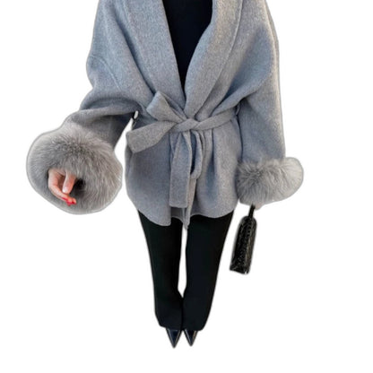 Effortless Cream Knit Cardigan Sweater for Women with Long Sleeve Belted Fur Lined Casual Style