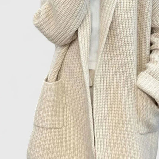 Effortless Cream Knit Cardigan Sweater for Women with Long Sleeve Oversized Pockets Casual Style