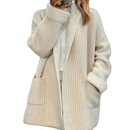 Effortless Cream Knit Cardigan Sweater for Women with Long Sleeve Oversized Pockets Casual Style