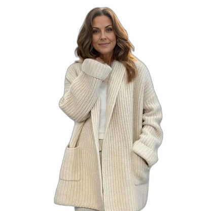 Effortless Cream Knit Cardigan Sweater for Women with Long Sleeve Oversized Pockets Casual Style