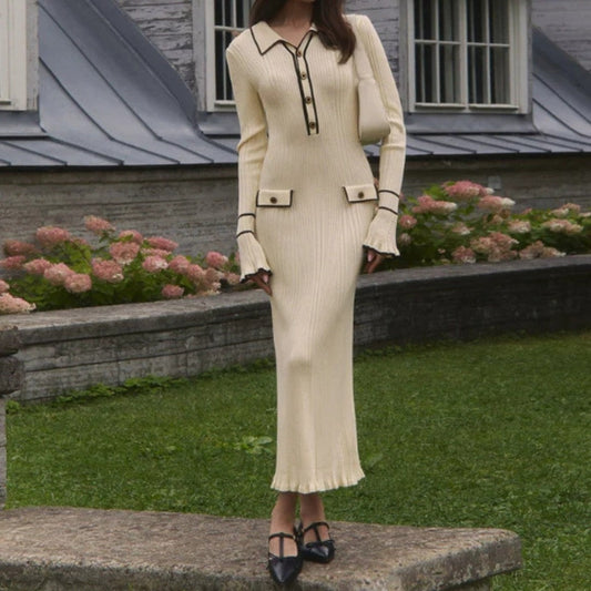 Effortless Cream Knit Maxi Dress for Women with Collared Long Sleeve Bodycon Button Front Casual Style