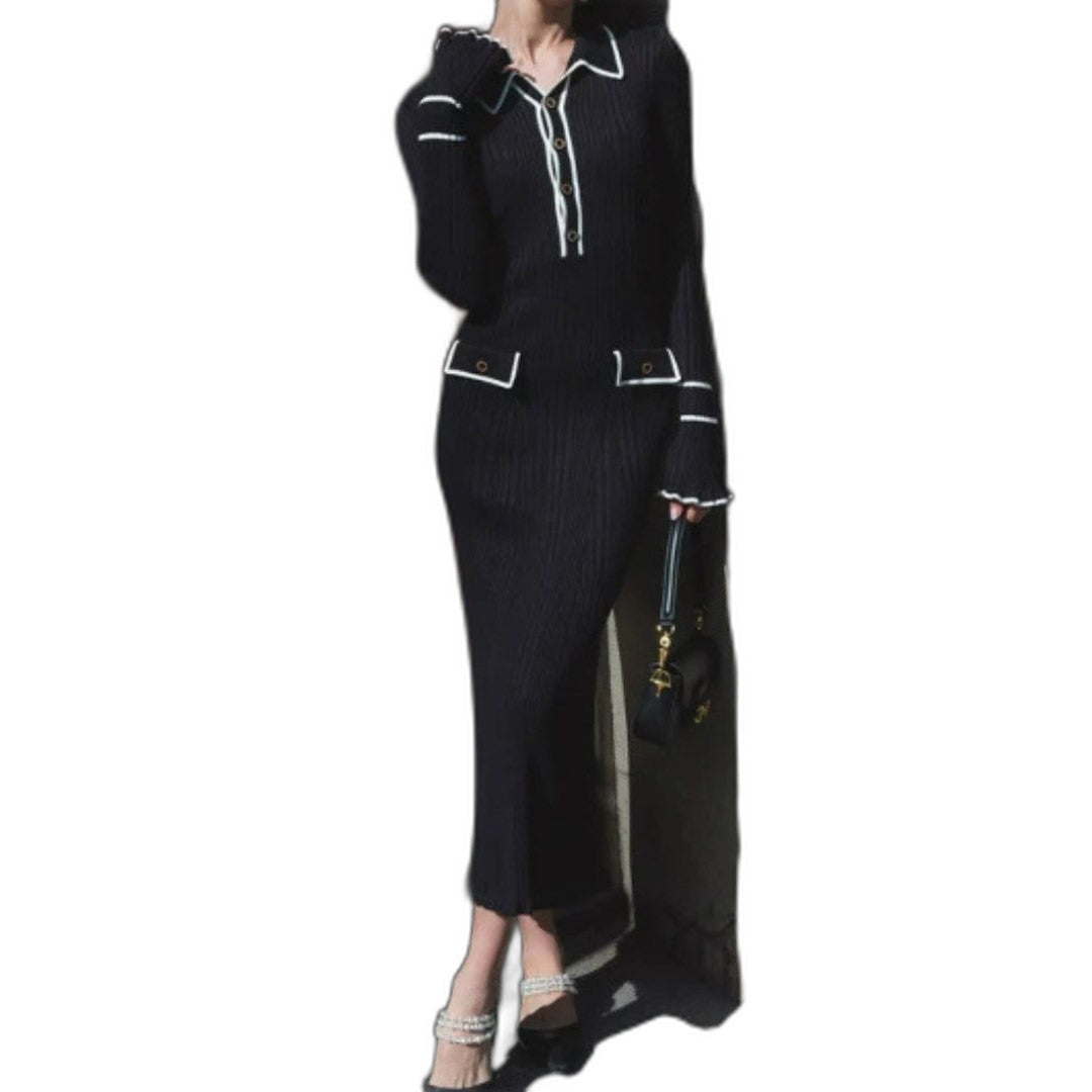 Effortless Cream Knit Maxi Dress for Women with Collared Long Sleeve Bodycon Button Front Casual Style