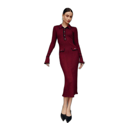 Effortless Cream Knit Maxi Dress for Women with Collared Long Sleeve Bodycon Button Front Casual Style