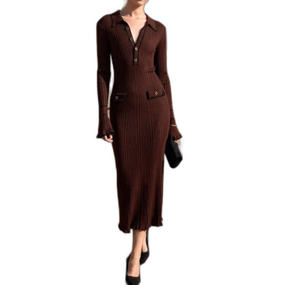 Effortless Cream Knit Maxi Dress for Women with Collared Long Sleeve Bodycon Button Front Casual Style