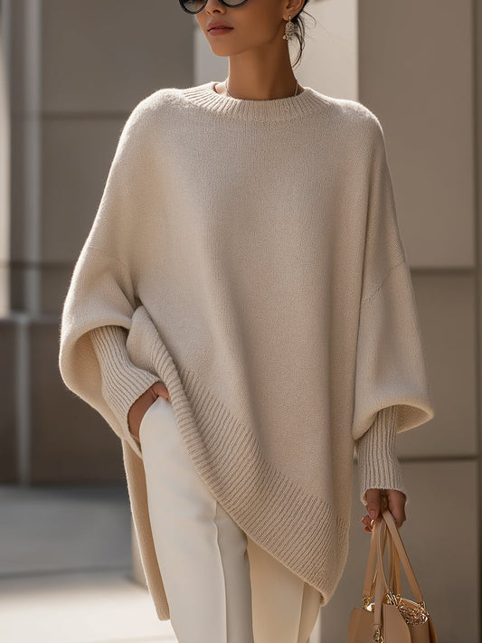 Effortless Cream Knit Sweater for Women with Boat Neck Long Sleeve Flowing Oversized Casual Style