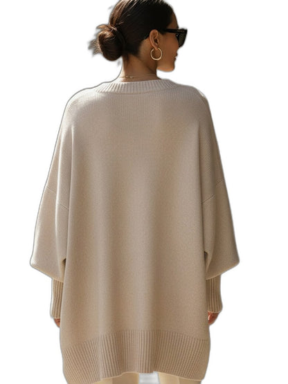 Effortless Cream Knit Sweater for Women with Boat Neck Long Sleeve Flowing Oversized Casual Style