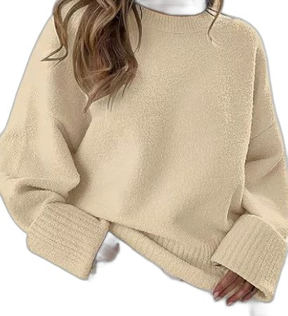 Effortless Cream Knit Sweater for Women with Crew Neck Long Sleeve Oversized Casual Style