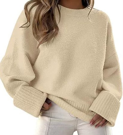 Effortless Cream Knit Sweater for Women with Crew Neck Long Sleeve Oversized Casual Style